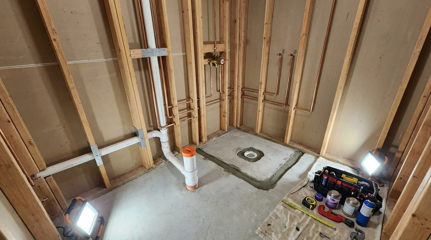 Bathroom rough-in plumbing during remodel by Johns Plumbing LLC in Milltown