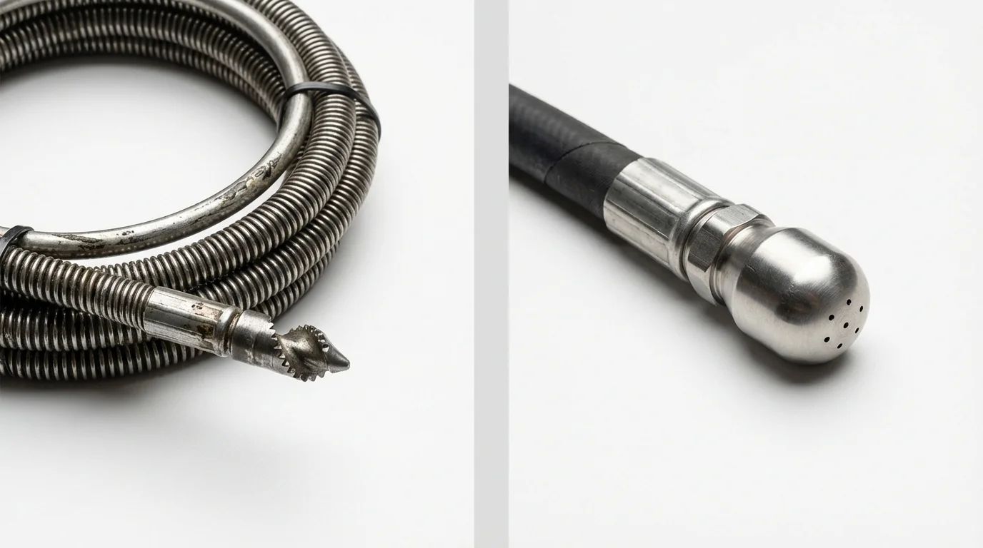 Drain snake cable and hydro jetting nozzle used for drain cleaning in Milltown, NJ