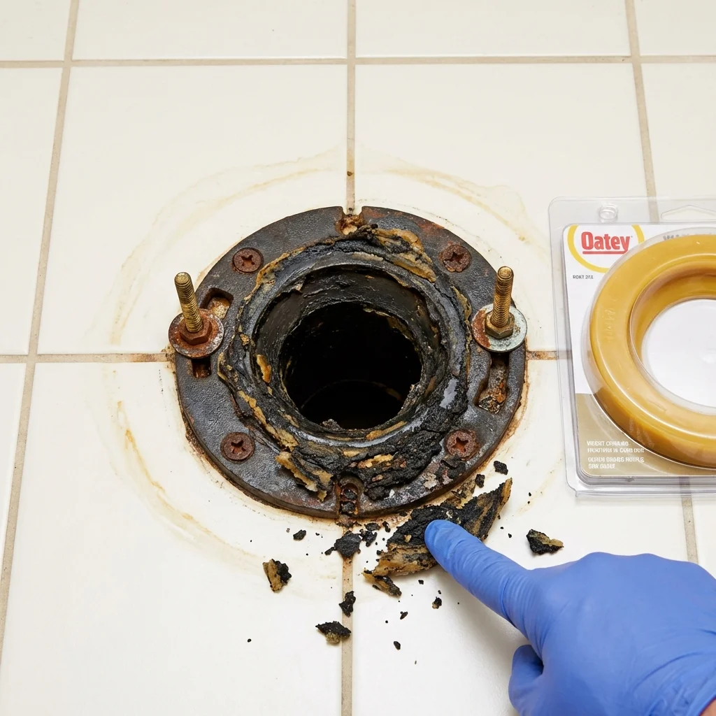 Failed wax ring showing water seepage at the base of a toilet in a Milltown, NJ home